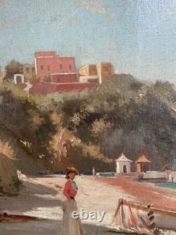 Tableau Ancien Plage de Capri Bord de Mer Côte Napolitaine Huile sur Toile