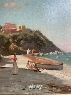 Tableau Ancien Plage de Capri Bord de Mer Côte Napolitaine Huile sur Toile