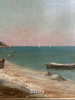 Tableau Ancien Plage de Capri Bord de Mer Côte Napolitaine Huile sur Toile
