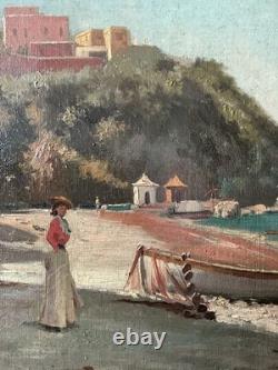 Tableau Ancien Plage de Capri Bord de Mer Côte Napolitaine Huile sur Toile