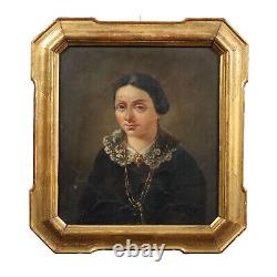Tableau Ancien Portrait Féminin'800 Huile sur Carton Cadre Contemporain