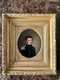 Tableau Ancien Portrait Officier Militaire XIXe Huile Sur Panneau Cadre Doré