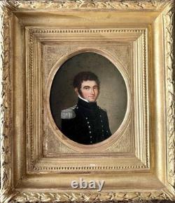 Tableau Ancien Portrait Officier Militaire XIXe Huile Sur Panneau Cadre Doré