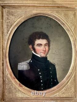 Tableau Ancien Portrait Officier Militaire XIXe Huile Sur Panneau Cadre Doré