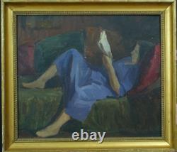 Tableau Ancien Portrait Roger PARENT jeune femme à la lecture Divan 1900 Art