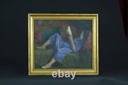 Tableau Ancien Portrait Roger PARENT jeune femme à la lecture Divan 1900 Art
