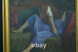 Tableau Ancien Portrait Roger PARENT jeune femme à la lecture Divan 1900 Art