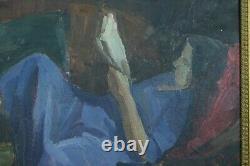 Tableau Ancien Portrait Roger PARENT jeune femme à la lecture Divan 1900 Art