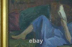 Tableau Ancien Portrait Roger PARENT jeune femme à la lecture Divan 1900 Art