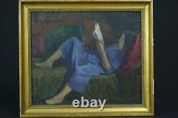 Tableau Ancien Portrait Roger PARENT jeune femme à la lecture Divan 1900 Art