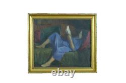 Tableau Ancien Portrait Roger PARENT jeune femme à la lecture Divan 1900 Art
