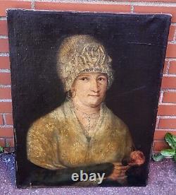 Tableau Ancien. Portrait de femme. Peinture huile sur toile signé. Style XlX°
