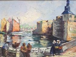 Tableau Ancien Post-Impressionnisme Port de CONCARNEAU BRETAGNE Huile signée