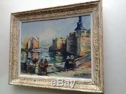 Tableau Ancien Post-Impressionnisme Port de CONCARNEAU BRETAGNE Huile signée