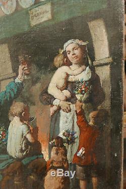 Tableau Ancien Scène de Fête Portrait Mère Enfants Fleurs Chien Verre Vin XIXe