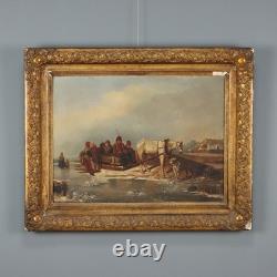 Tableau Ancien Scène d'Hiver Huile sur Toile Europe XIXe Siècle Original