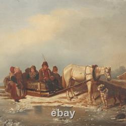 Tableau Ancien Scène d'Hiver Huile sur Toile Europe XIXe Siècle Original