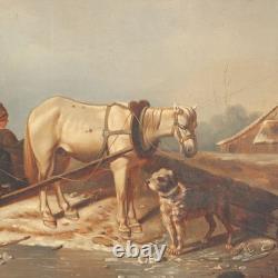 Tableau Ancien Scène d'Hiver Huile sur Toile Europe XIXe Siècle Original