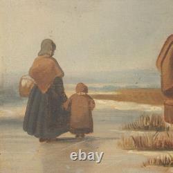 Tableau Ancien Scène d'Hiver Huile sur Toile Europe XIXe Siècle Original