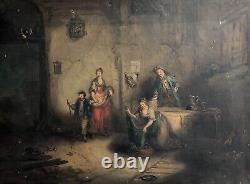 Tableau Ancien, Scène d'Intérieur, Huile Sur Toile, Peinture, XIXe