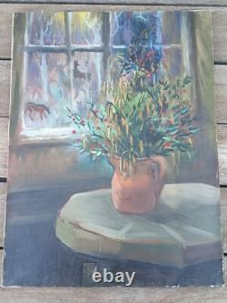 Tableau Ancien Signé Auguste Clergé 1946 Bouquet Fleurs Devant La Fenêtre 61x46