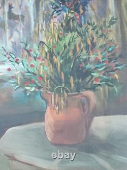 Tableau Ancien Signé Auguste Clergé 1946 Bouquet Fleurs Devant La Fenêtre 61x46