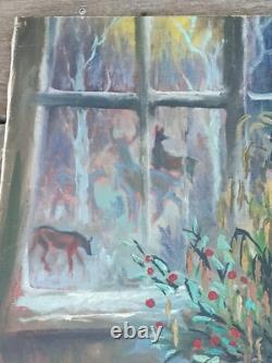 Tableau Ancien Signé Auguste Clergé 1946 Bouquet Fleurs Devant La Fenêtre 61x46