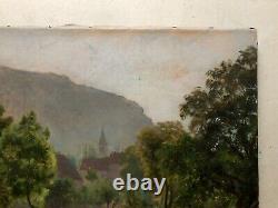 Tableau Ancien Signé Emile Isenbart, Paysage Au Pont Et Au Village, XIXe