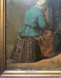 Tableau Ancien Signé, Encadré, Femme Au Fourneau, Huile Sur Panneau, XIXe