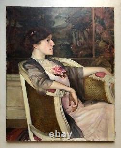 Tableau Ancien Signé Henri Girault De Nolhac, Portrait De Femme Au Salon, 1910