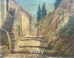 Tableau Ancien Signé Henri Vignet, Ruelle Du Sud Animée, Peinture, Début XXe
