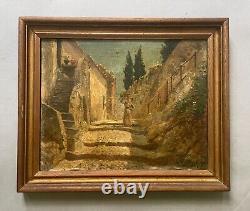 Tableau Ancien Signé Henri Vignet, Ruelle Du Sud Animée, Peinture, Début XXe