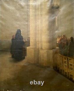 Tableau Ancien Signé Paul Thomas, Intérieur d'Eglise Animé, Huile Sur Toile XIXe