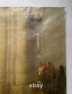 Tableau Ancien Signé Paul Thomas, Intérieur d'Eglise Animé, Huile Sur Toile XIXe