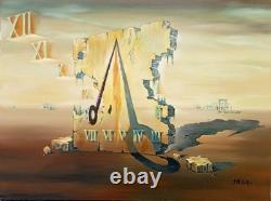 Tableau Ancien Surréaliste Huile Sur Toile Signée Hostyn Heures Perdues