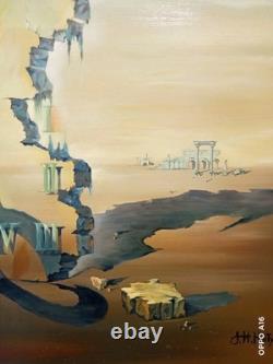 Tableau Ancien Surréaliste Huile Sur Toile Signée Hostyn Heures Perdues