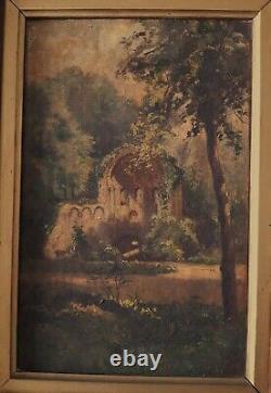 Tableau Ancien Toile fin XIXe Romantisme Architecture Fontaine Ruines Italie