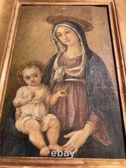Tableau Ancien Vierge à l'Enfant Christ Peinture Religieuse à identifier