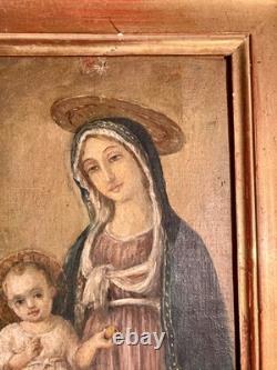 Tableau Ancien Vierge à l'Enfant Christ Peinture Religieuse à identifier