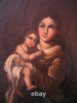 Tableau Ancien Vierge à l'Enfant Jésus du XVIII siècle Huile sur Toile