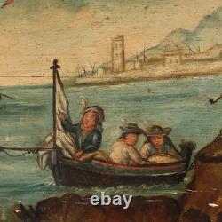 Tableau Ancien Vue du Port Huile sur Panneau XIXe Siècle Original