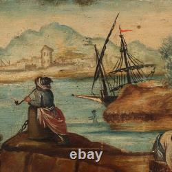 Tableau Ancien Vue du Port Huile sur Panneau XIXe Siècle Original Tableau Ancien Vue du Port Huile sur Panneau XIXe Siècle Original