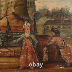 Tableau Ancien Vue du Port Huile sur Panneau XIXe Siècle Original