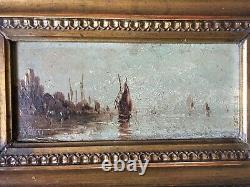 Tableau Ancien XIXe Paysage Marine Orientaliste Huile sur bois Signée Encadrée