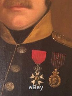Tableau Ancien XIXe Portrait Officier Légion d'Honneur Médaille de Sainte Hélène