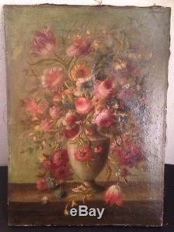 Tableau Ancien XVIIIe XIXe Bouquet de Fleurs dans un vase Médicis 18th 19th