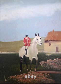 Tableau Ancien à l'Huile, Scène de Cavalier dans un Paysage Rural, France