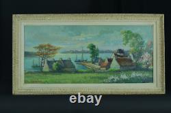 Tableau Ancien école Bretonne Vue de la Rivière d' ETEL animé signé SV H. Moret
