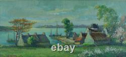 Tableau Ancien école Bretonne Vue de la Rivière d' ETEL animé signé SV H. Moret