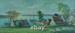 Tableau Ancien école Bretonne Vue de la Rivière d' ETEL animé signé SV H. Moret